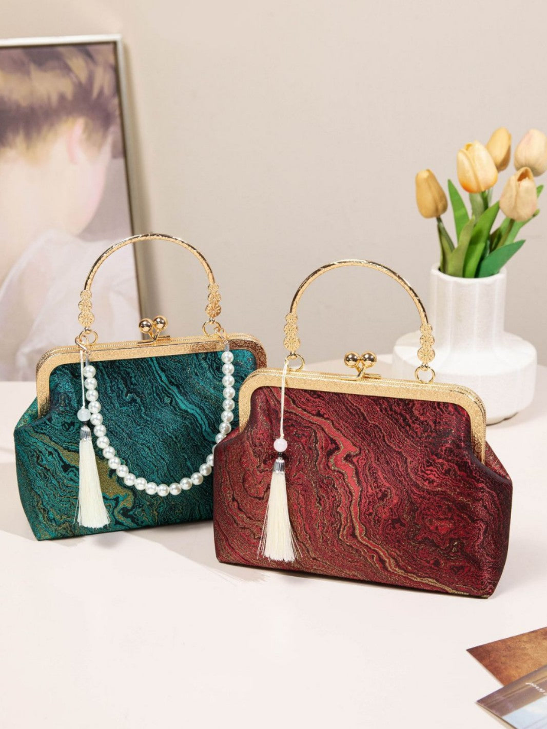 Cross border women's bag shoulder bag silk plain Hanfu bag women bags new Chinese style crossbody bag clip on handbag