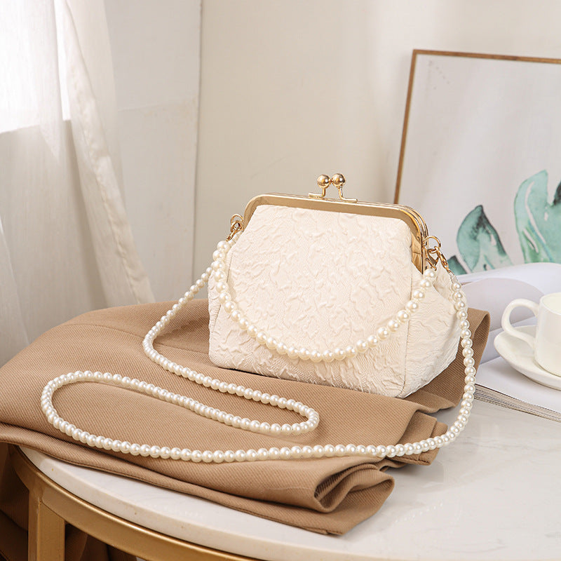 Women's 2025 pleated shell bag new women's bag crossbody bag mobile phone bag bead handbag mini mouth gold bag